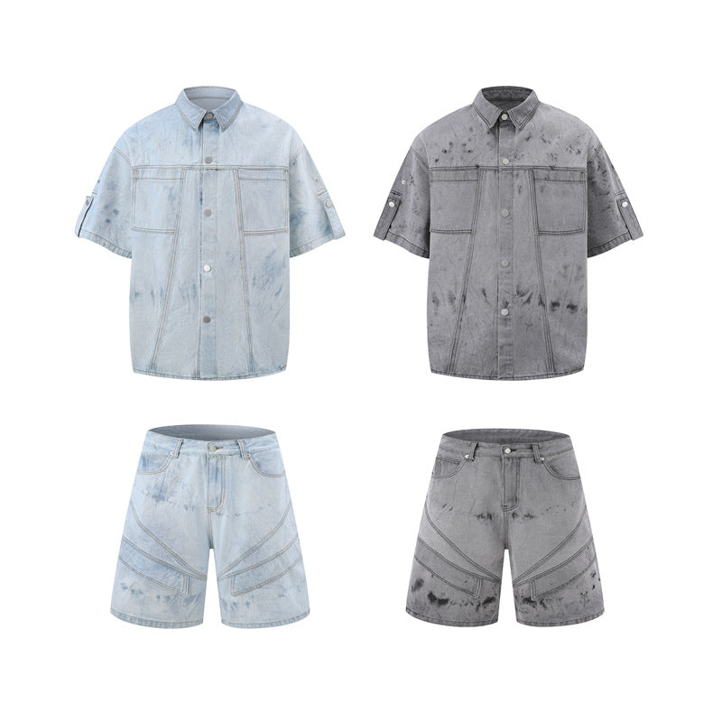 New Summer Retro Washed Denim Shirt And Shorts Set