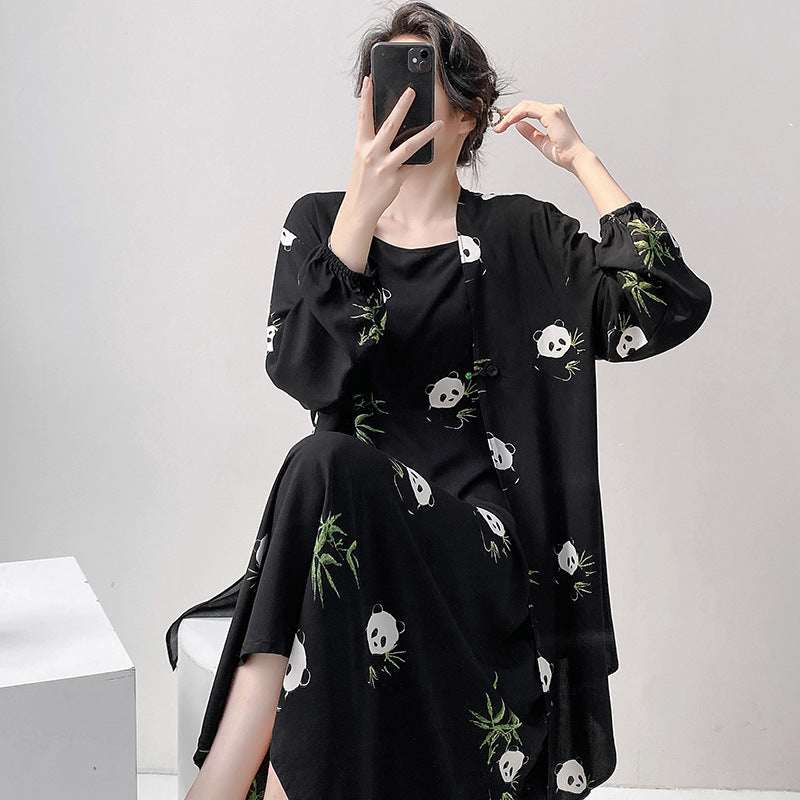 Womens Loose Casual Printed Camisole Dress And Outerwear Set