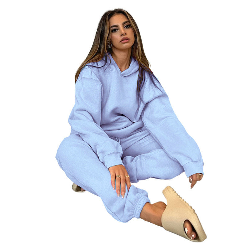 Solid-color Hooded Long-sleeve Sweatshirt And Pants Set For Fallwinter