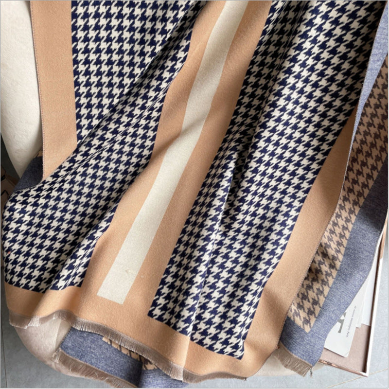 Short Beard Fringe Decoration Women's Cashmere Houndstooth Scarf