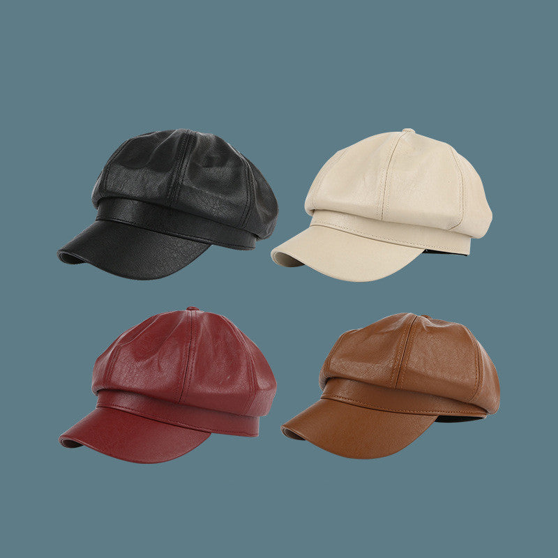 Korean Style Octagon Fashion Ladies Hat Leather Beret
