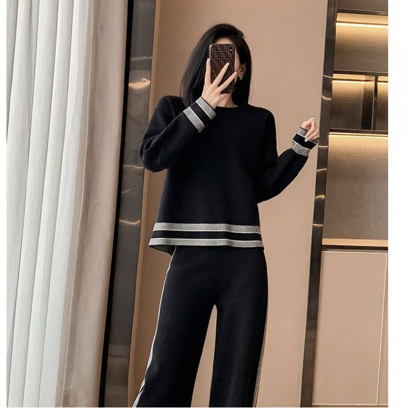 New Springautumn Womens Fashion Plus-size Wide-leg Pants Two-piece Set