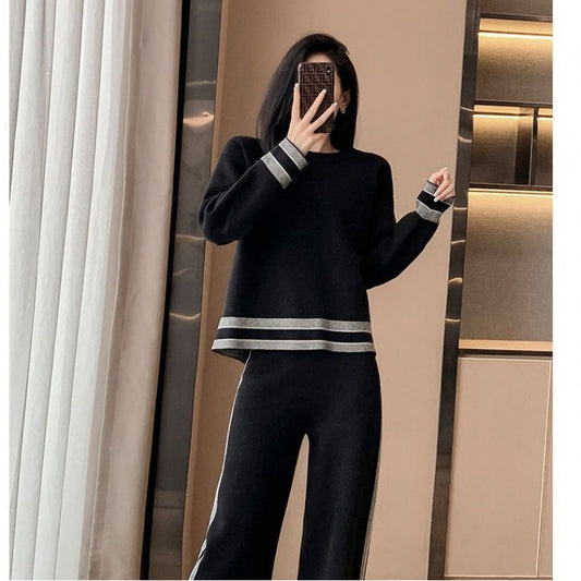New Springautumn Womens Fashion Plus-size Wide-leg Pants Two-piece Set