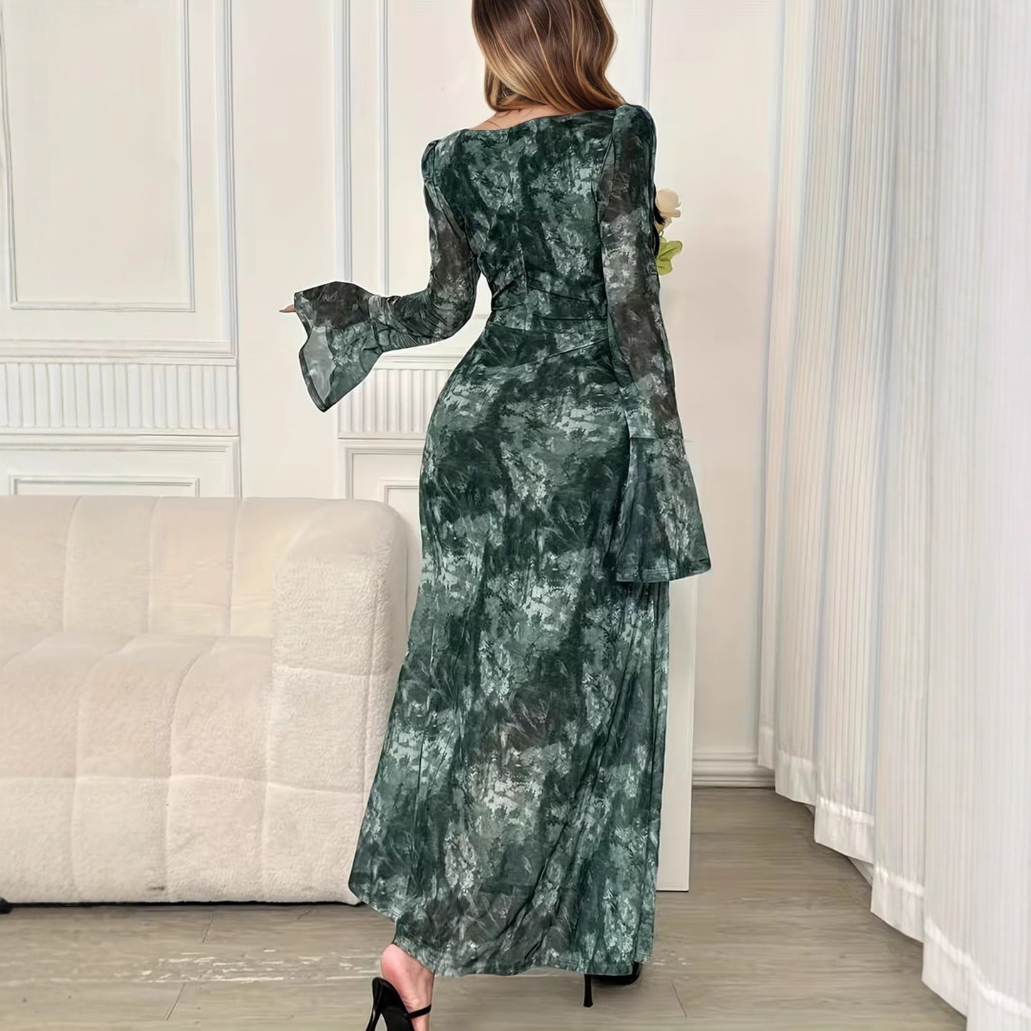 Elegant Square-neck Long-sleeve Tie-dye Printed Dress