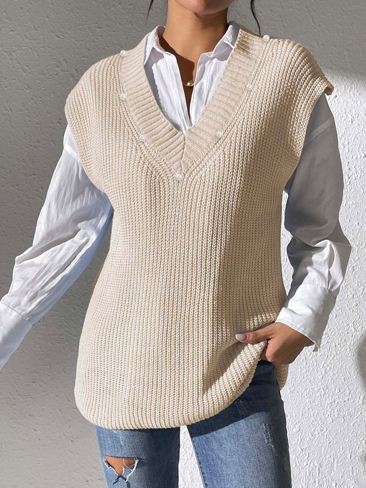New V-neck Simple Pearl Beaded Woven Sweater Vest