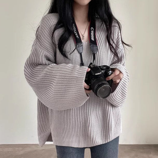 Women's V-neck Loose Leisure All-matching Long Sleeve Coarse Yarn Thick Sweater