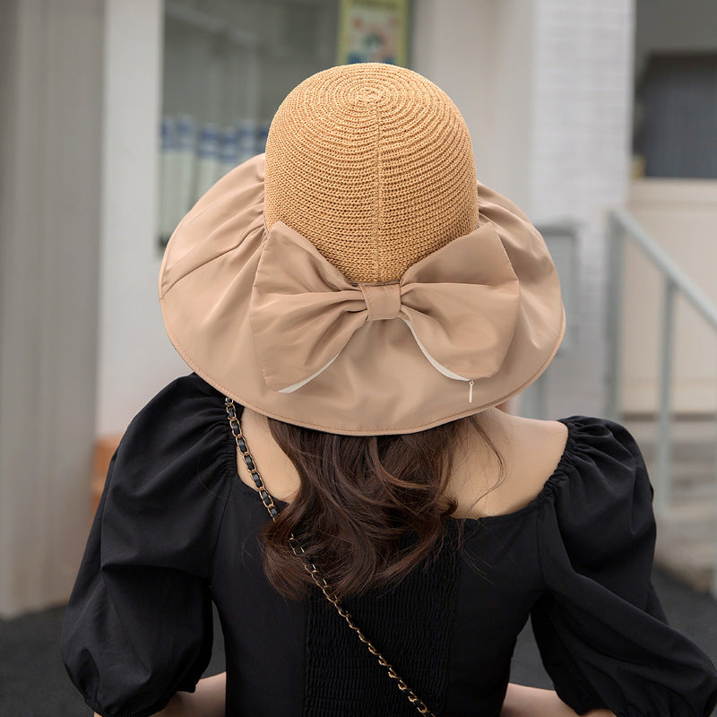 Black Glue Bow Wispy Empty Cycling Big Brim Face Sun Protection Hat
