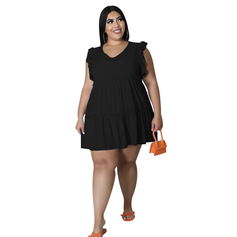 Women's Solid Color Casual V-neck Sleeveless Ruffled Pleated Skirt