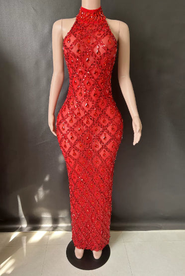 Shimmering Rhinestone High-neck Sleeveless Sexy Mesh Sheer Plaid Evening Gown