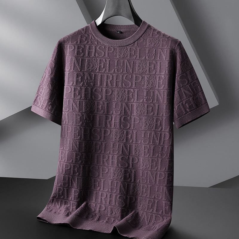 Men's Plus-sized Casual Round Neck Jacquard Sweater With Short Sleeves