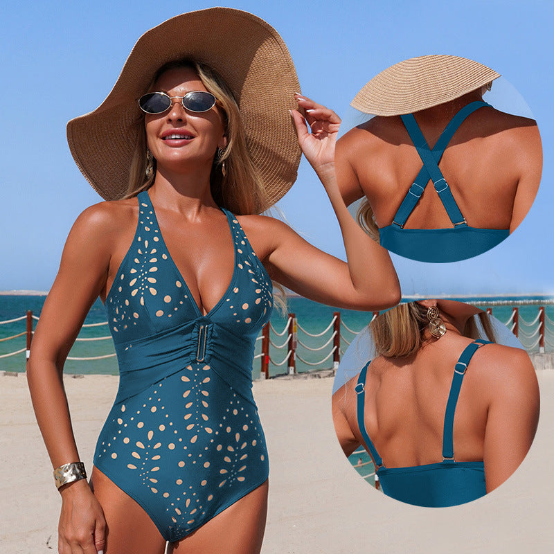 Solid-color Womens Floral-embellished One-piece Swimsuit New Style