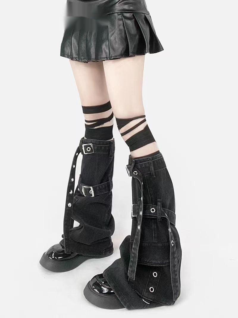 Metal Buckle Strap Workwear With Pocket Denim Leg Warmer