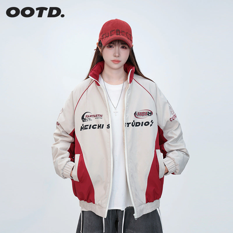 Retro Printing Color Contrast Stand Collar New Loose Casual Cotton-padded Jacket Coat