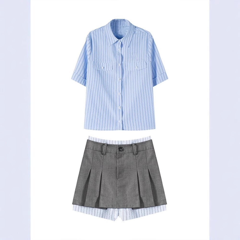 Girls Preppy-Style Striped Shirt And Skirt Set