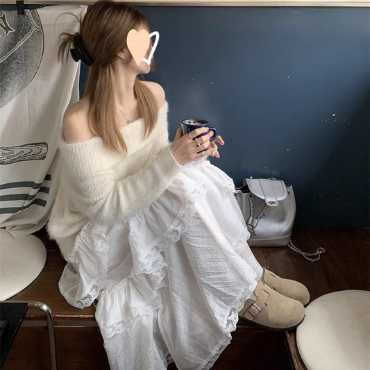 Sweet White Lace Stitching Skirt