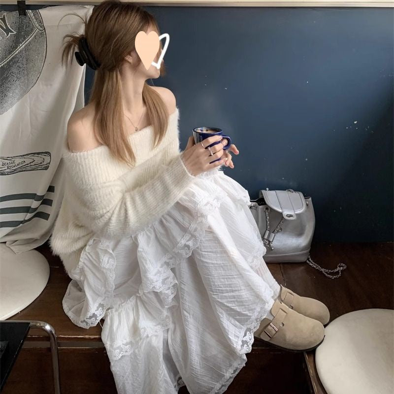 Sweet White Lace Stitching Skirt