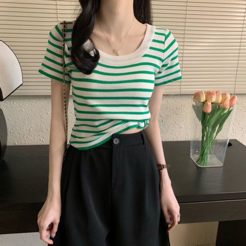 Casual Short-sleeved Slim-fit Striped T-shirt