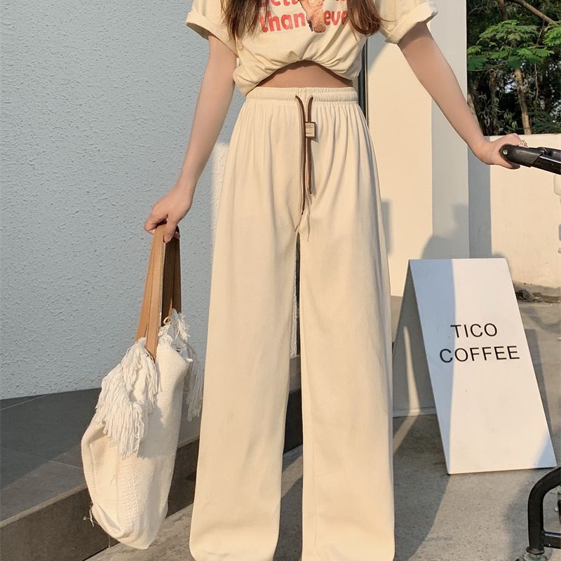 Corduroy Double Drawstring Wide Leg Pants High Waist Casual Straight Pants