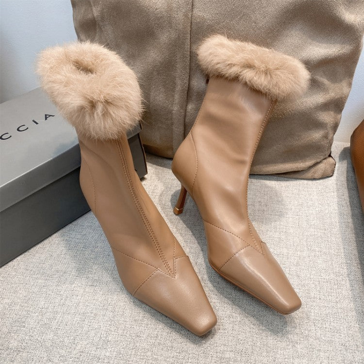 Top Layer Cowhide Rabbit Fur Skinny Boots Small Square Toe Stiletto Heel Stretch