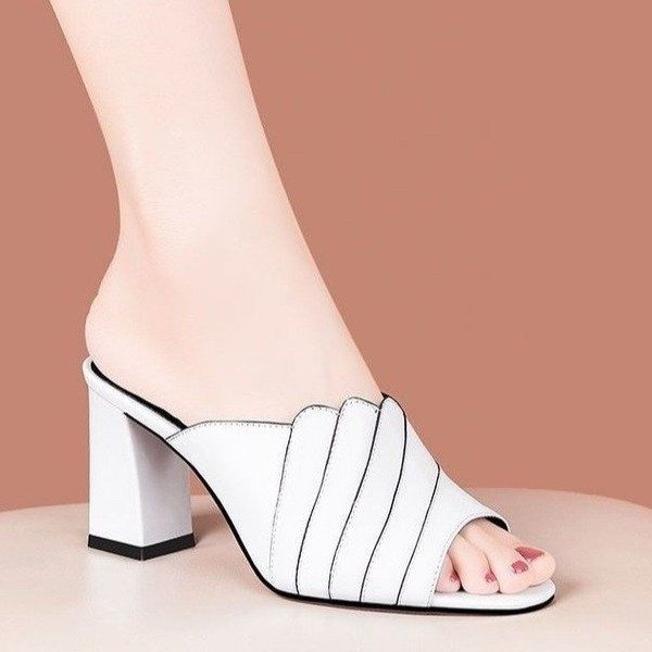 Outerwear Fashion Leather Midheel Thickheeled Women's Sandals And Slippers Fish Mouth