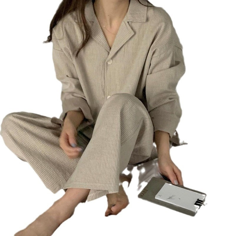 Simple Stripe Long Sleeve Women's Casual Loose Home Suit