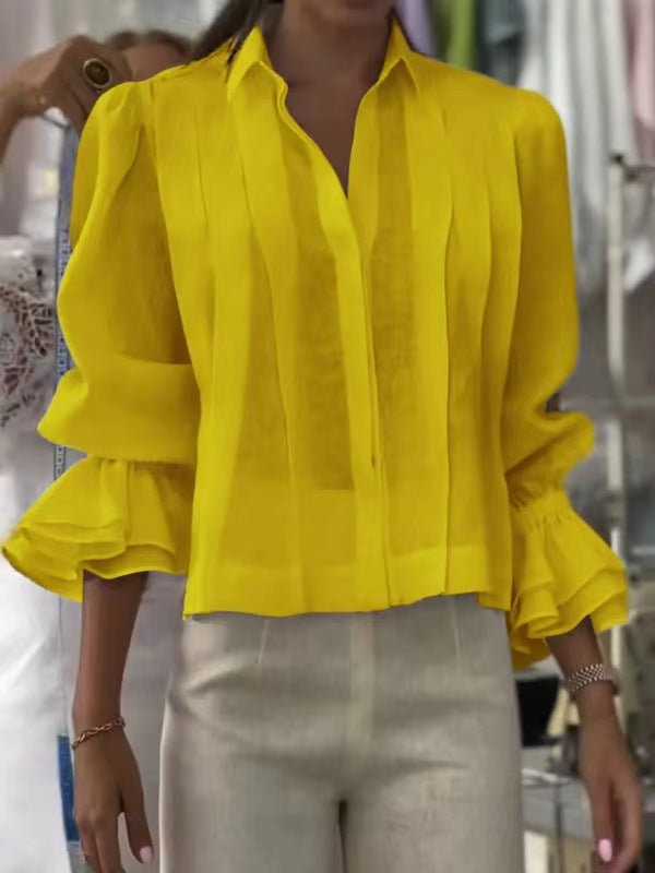 Pleated Solid Color Stitching Short Sleeve Shirt