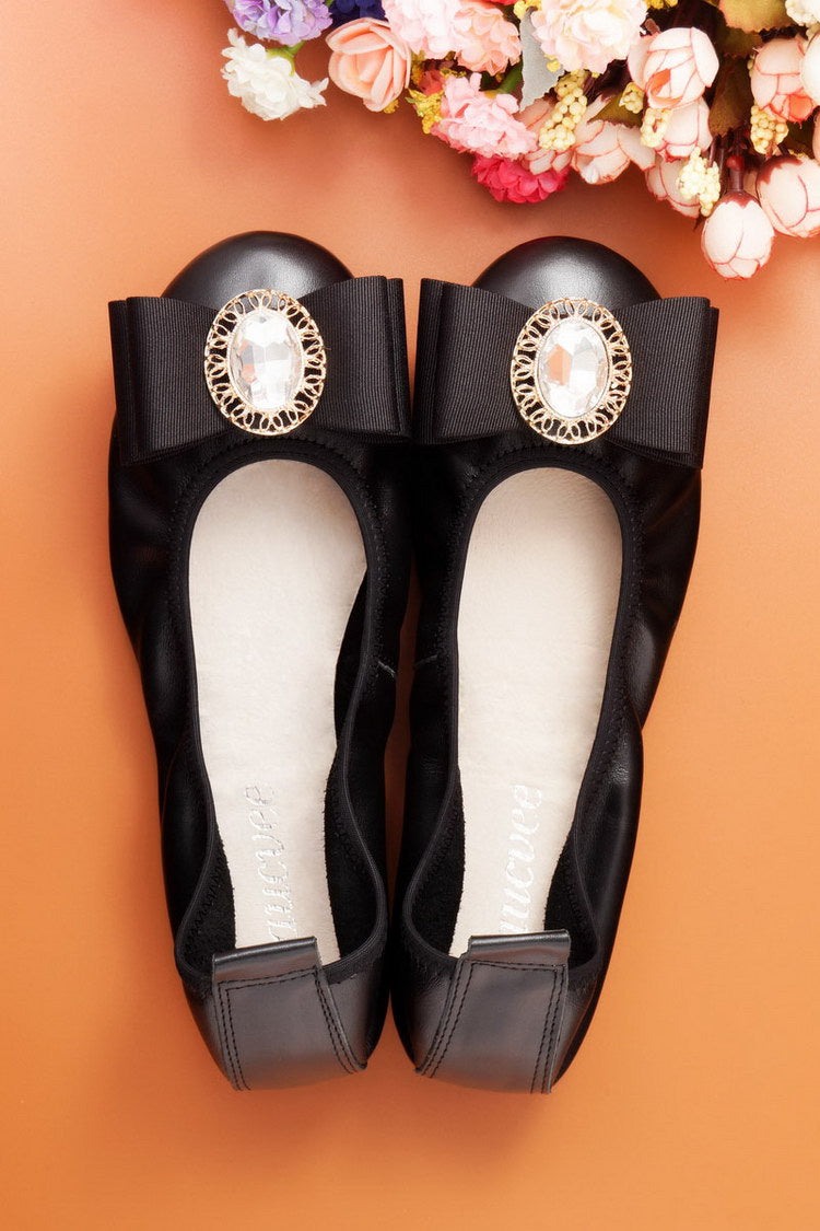 Women's Leather Rhinestone Bow Shallow Roll Shoes