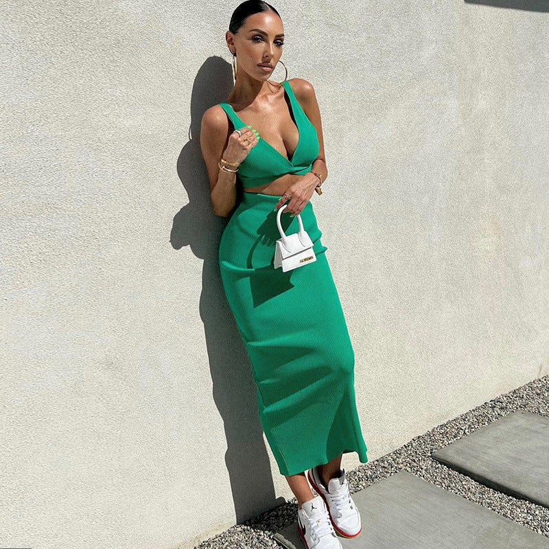 Womens Sexy Deep-V Tank Top And Skirt Set