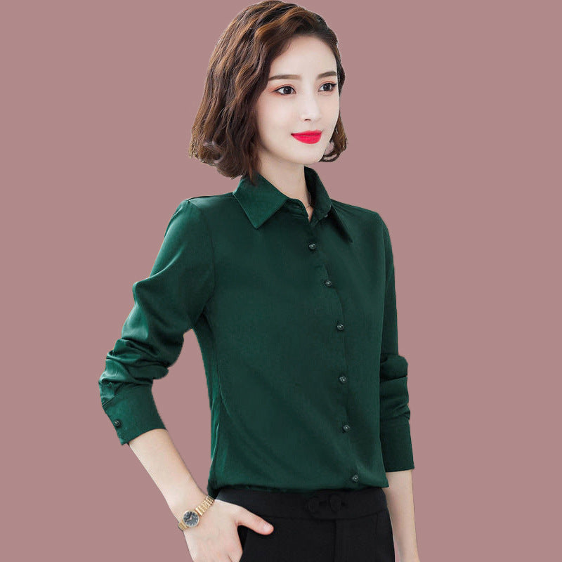 Dark Green Simple Shirt Women's Long-sleeved Slim-fit Long-sleeved White Shirt