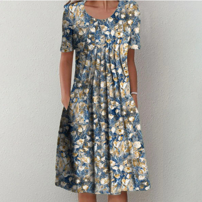 Spring And Summer Women's Elegant Large Swing Round Neck Printed Short Sleeve Dress