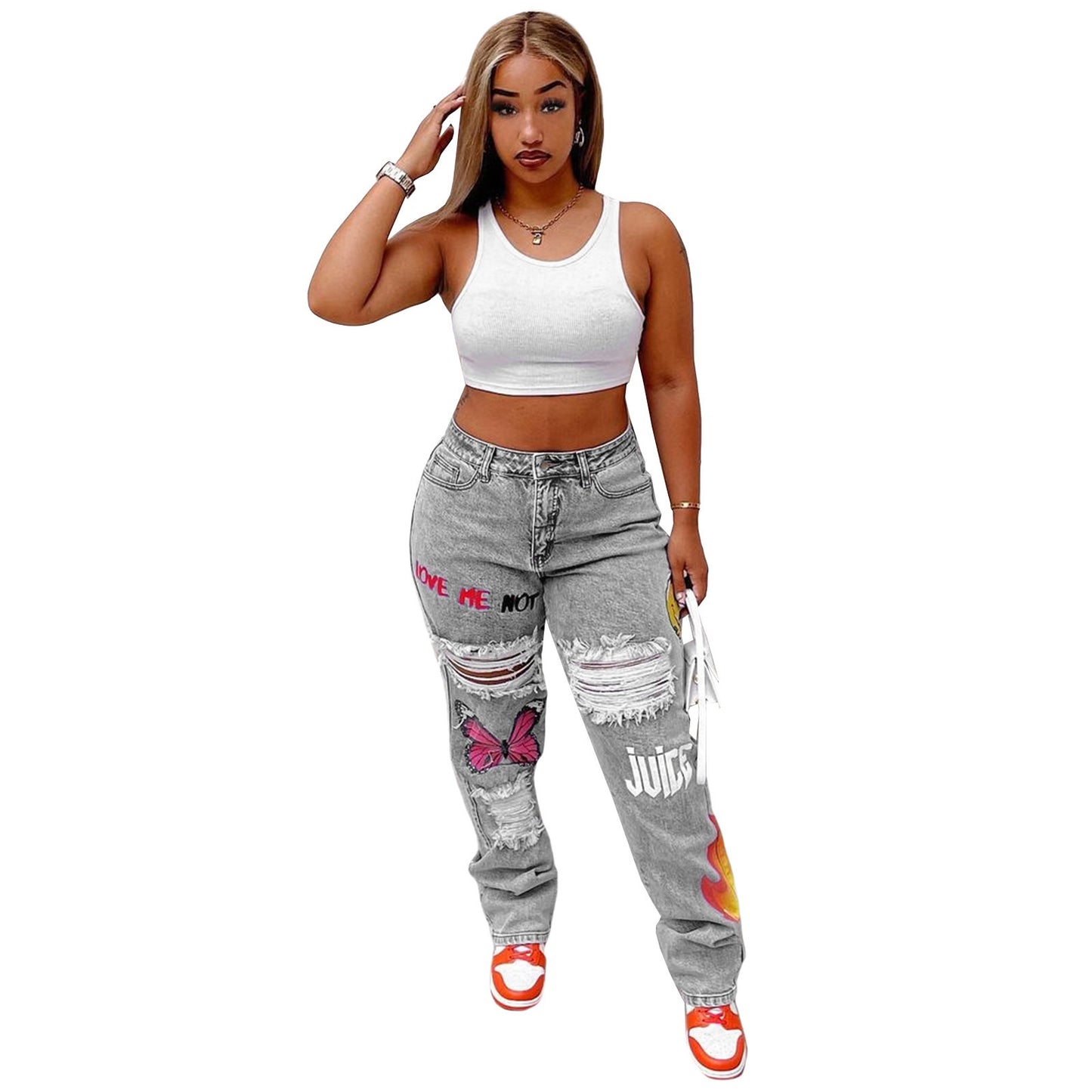 Kvinder digitalt placeret print ripped fashion jeans