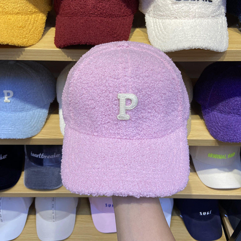 Lamb Hair Letter P Baseball Hat Female