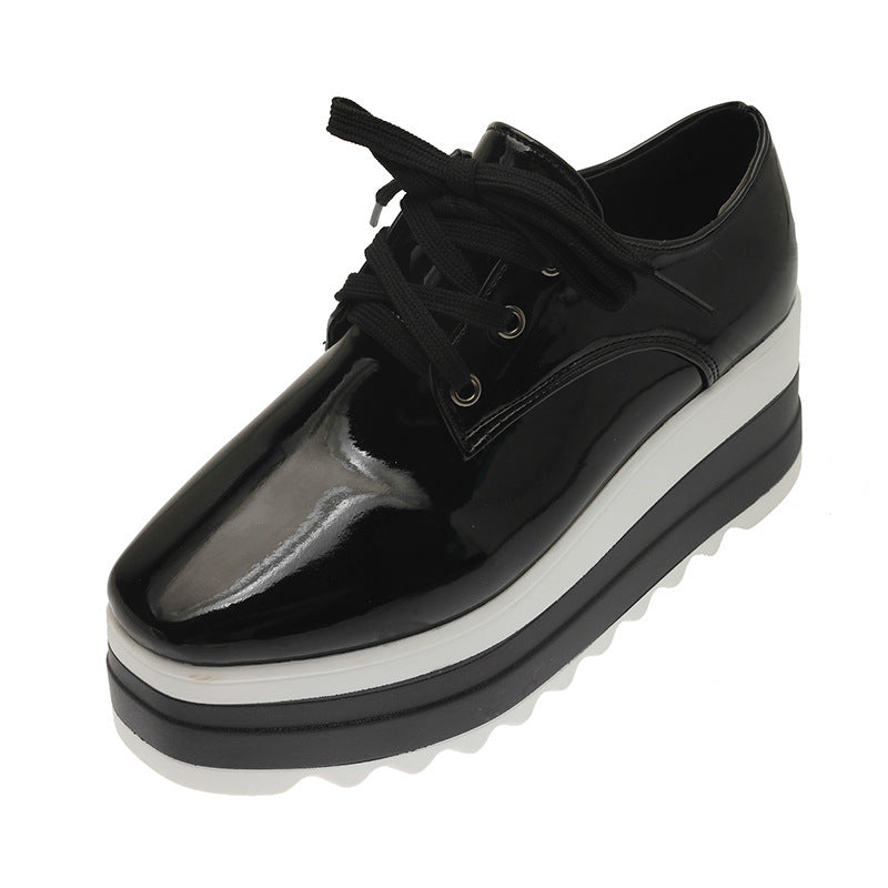 Women's Lace-up Square Toe Patent Leather Platform Shoes