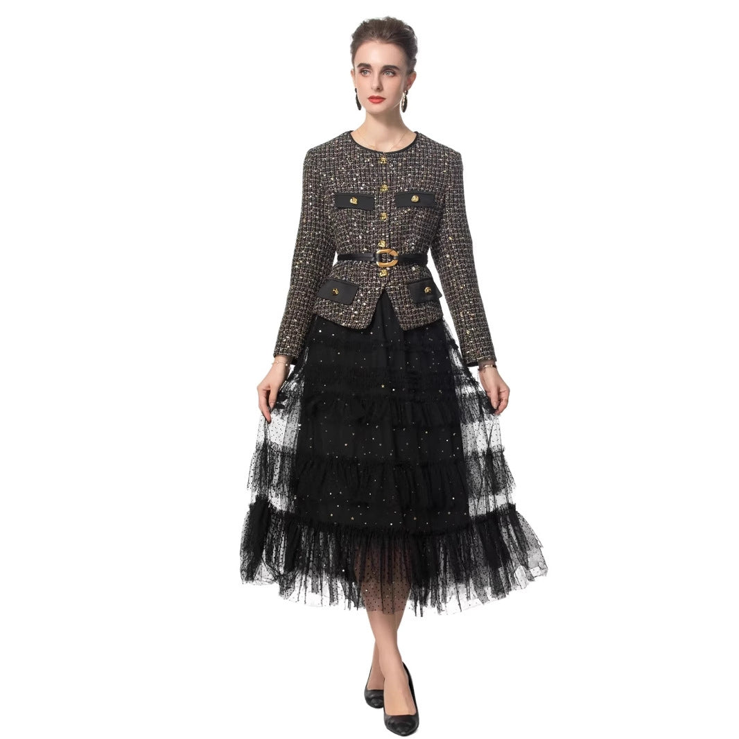 Chanel-style Elegant Solid-color Mesh Skirt With A Sophisticated Vibe