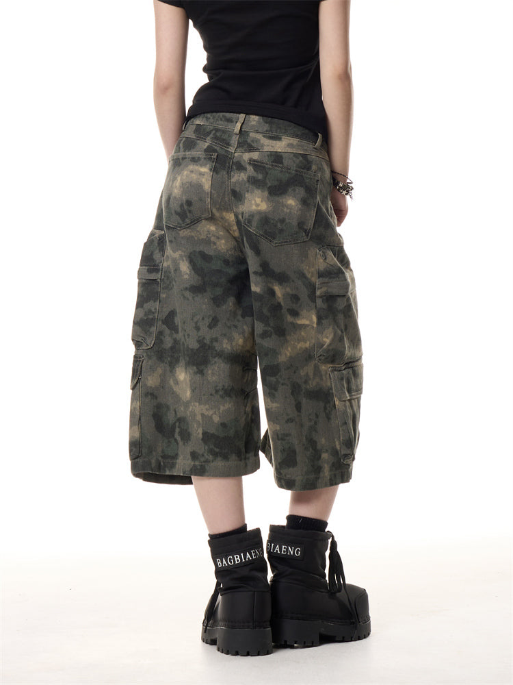 Retro Camouflage Cropped Pants Men And Women Ruan Handsome Multi-pocket Loose Wide-leg Workwear Shorts