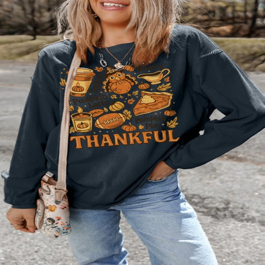 Mørkegrå snoet ribbet THANKFUL-printet baggy sweatshirt