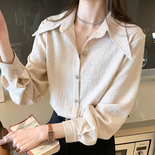 Pointed Collar Shirt Chiffon Design Loose Bandage Dress White Base Shirt