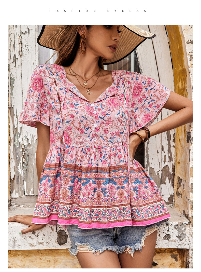 Summer Women's Bohemian Printed Short-sleeved Shirt