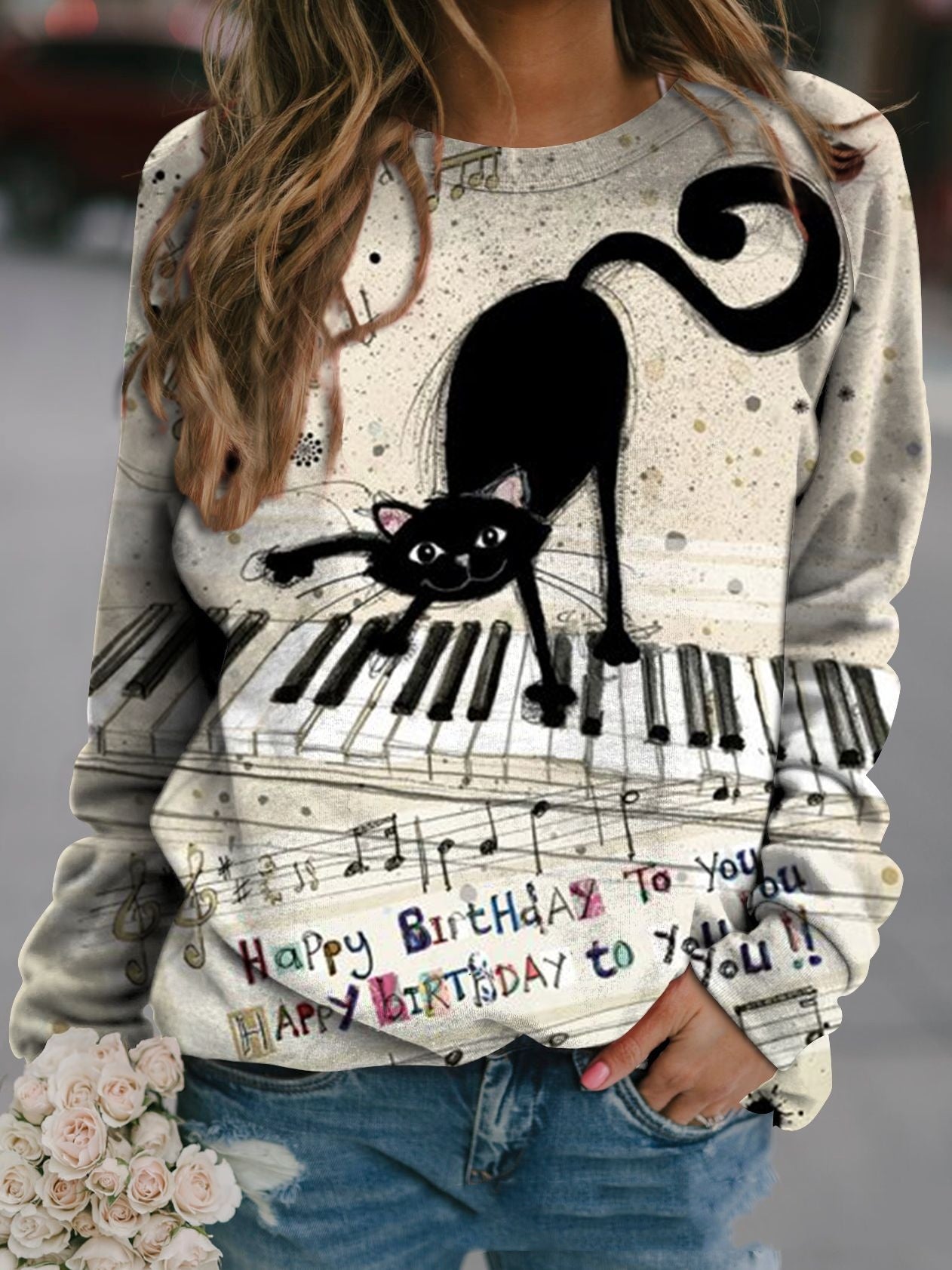 Autumn Animal Graphic Print Crew Neck Raglan Long-sleeved Top