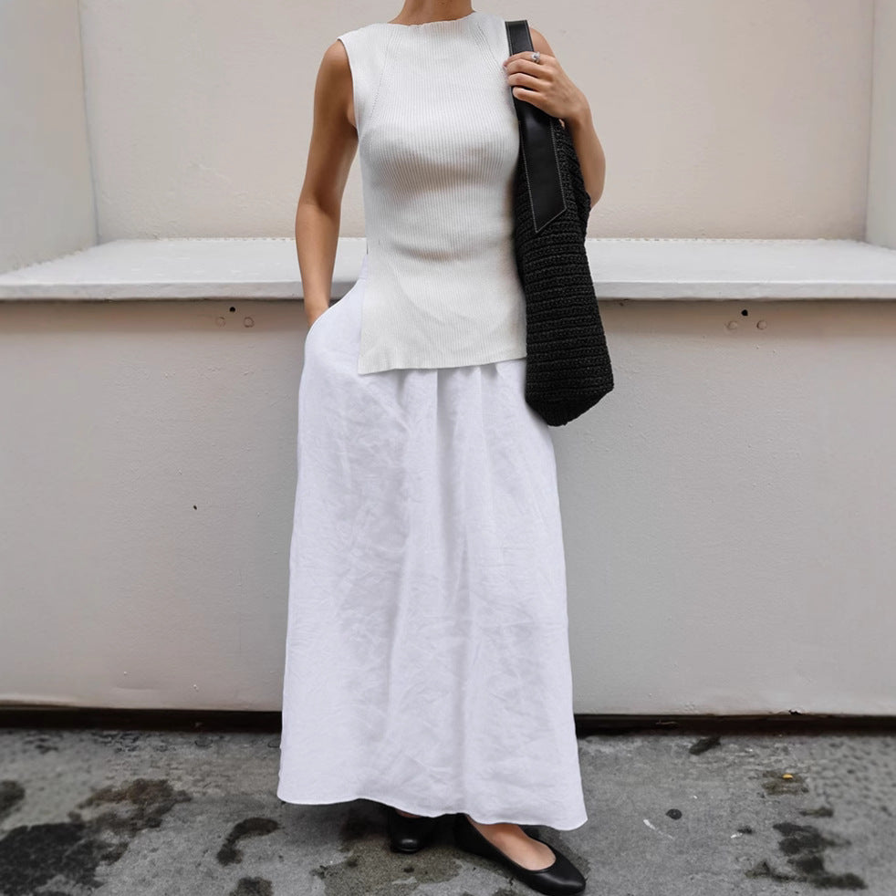 White Cotton Linen A- Line Skirt Loose High Waist Half-length