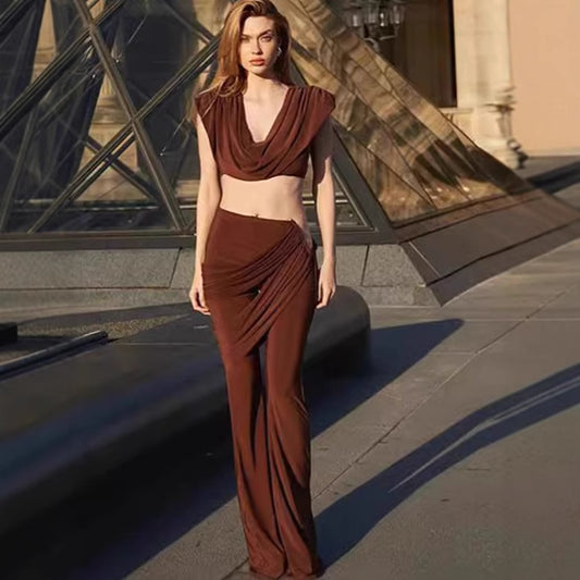 Summer New Women's Fashion Personality Slim Pleated V-neck Short Crop Top Hip-hugging Casual Suit