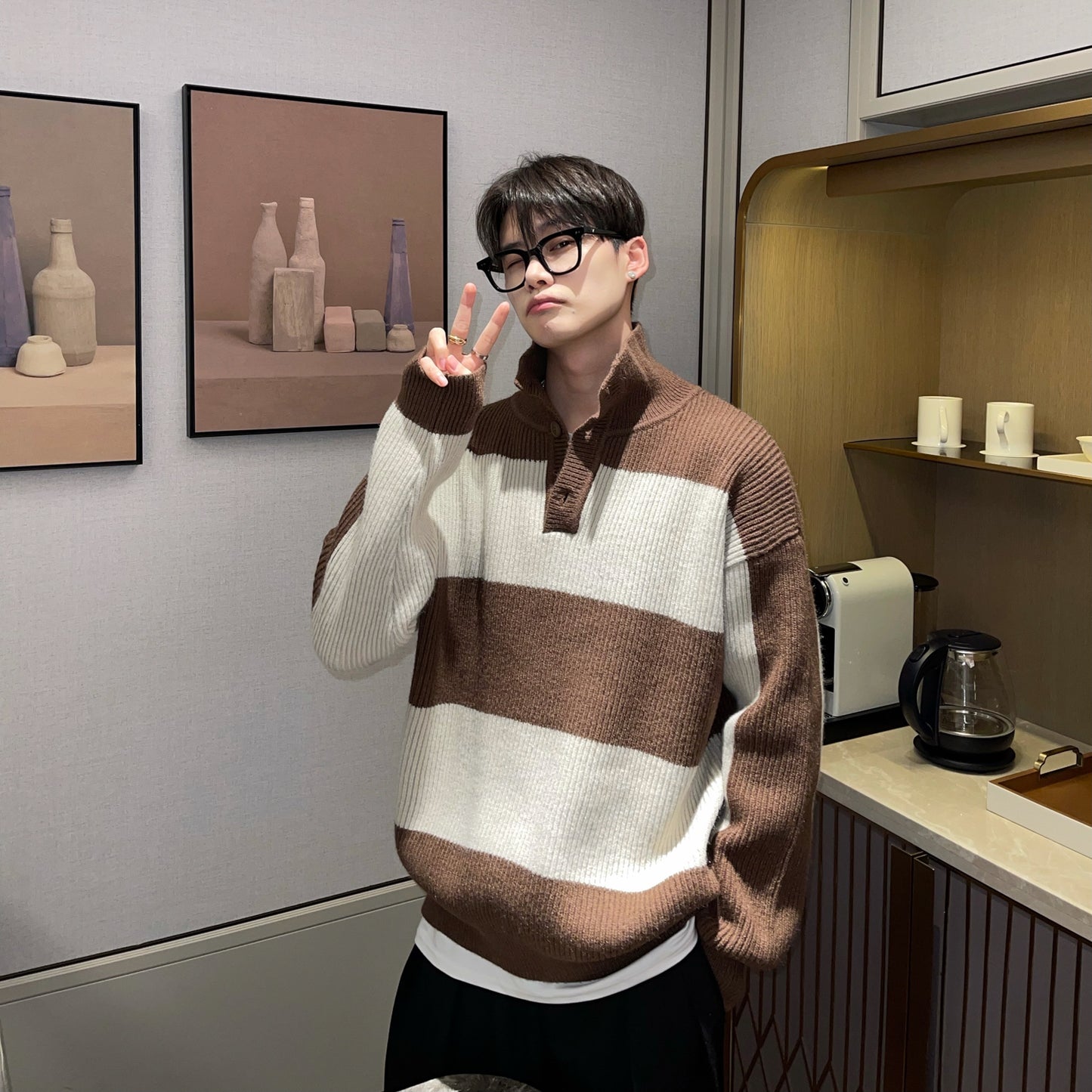 Stribet turtleneck sweater til mænd med kontrastfarve, løs pasform, efterår og vinter