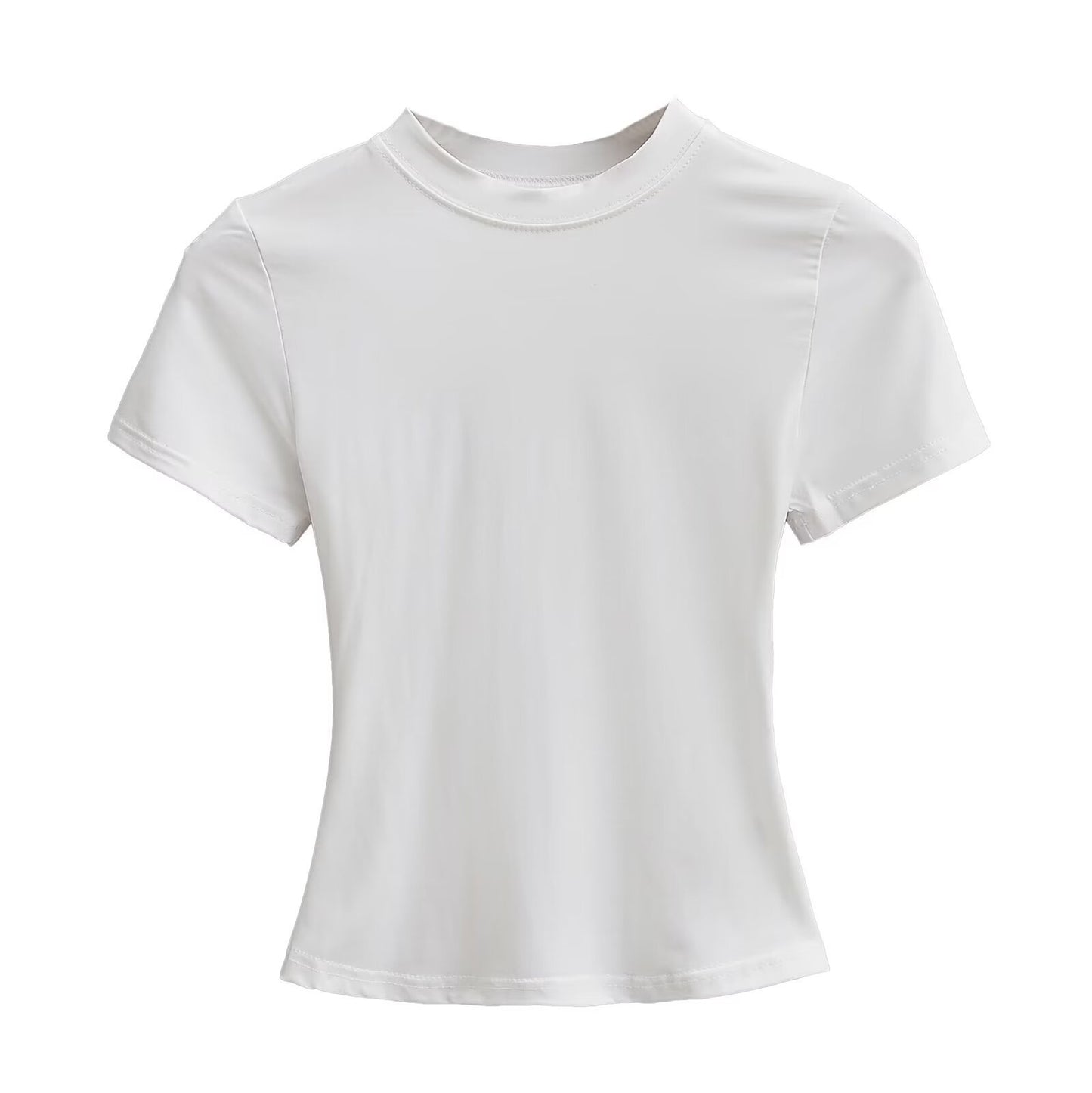Solid Color Small Round Neck Elastic Shoulder Short Sleeve T-shirt Basic Style Waist-tight