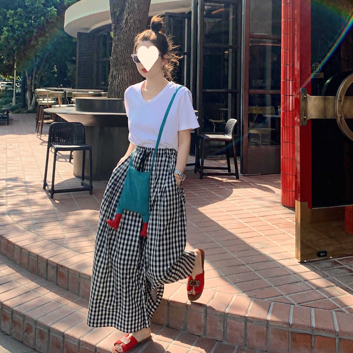 Summer Plaid Wide-leg Cotton And Linen Culottes Elastic High Waist Slimming