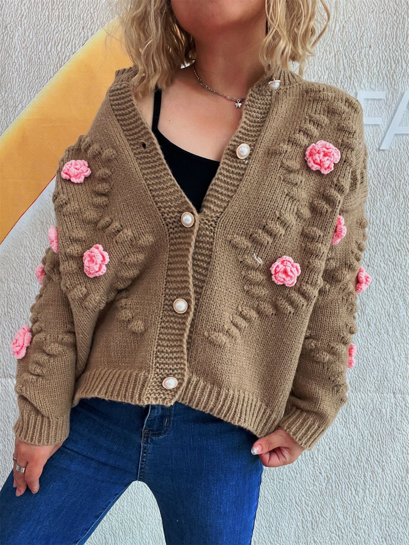 Cute Three-dimensional Flower Decorative Knitted Cardigan Round Neck Sweater