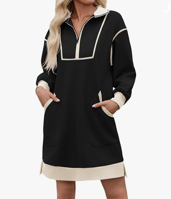 Sports Style Half Zip V Neck Long Sleeve Color Block Loose Dress