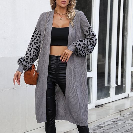 Women's Casual Long Solid Color Pattern Leopard Design Coat Cardigan For Women