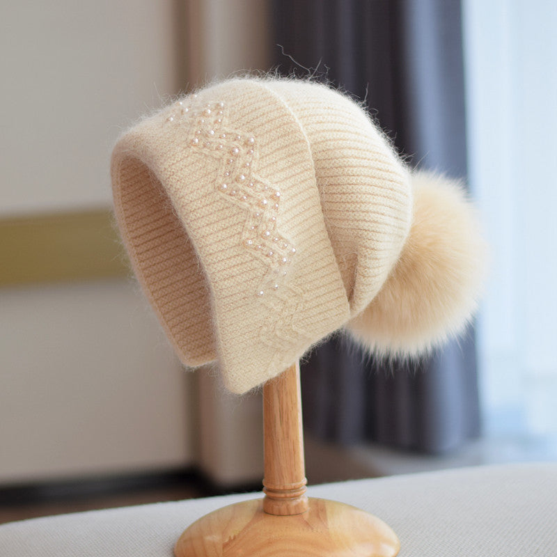 Fox Fur Ball Knitted Hat Children