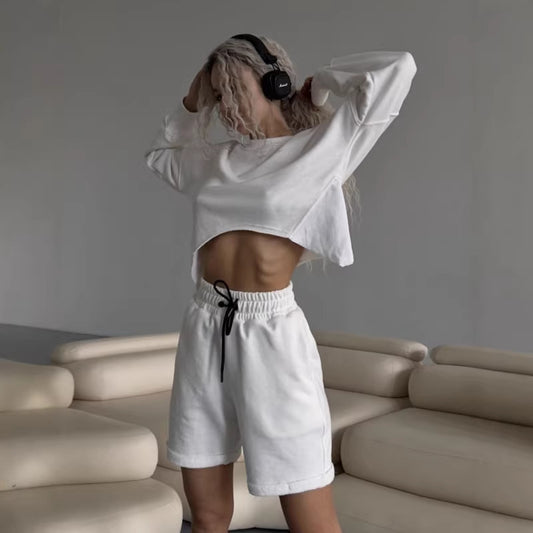 Women's Casual Set Asymmetrical Hem Short-Sleeve Top With Drawstring Shorts