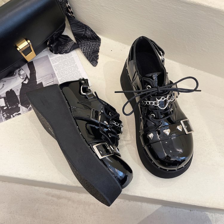 Thick Bottom Increased By Student Chain Mary Jane Shoes Black